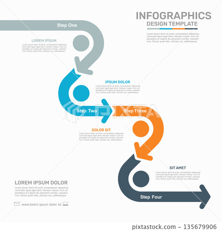 Modern infographic template with four colorful steps, arrows, circles for business process visualization. Vector illustration. Modern infographic template with four colorful steps, arrows, circles for business process visualization. Vector illustration. 135679906
