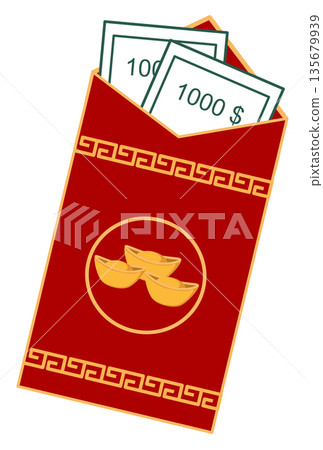 Red Envelope (Hongbao) with Money and Gold Sycee for Chinese New Year Celebration Red Envelope (Hongbao) with Money and Gold Sycee for Chinese New Year Celebration 135679939