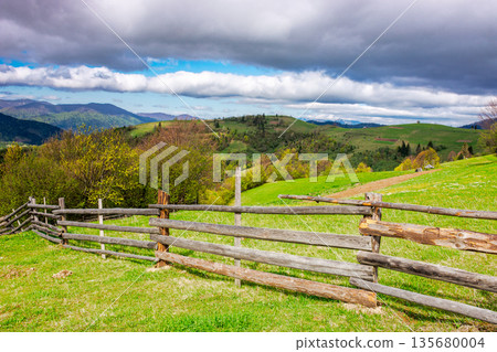 green rural landscape with wooden fence. countryside scene with rolling hill in spring. pastoral highland region on cloudy weather. environment sustainability and protection. background for earth day green rural landscape with wooden fence. countryside scene with rolling hill in spring. pastoral highland region on cloudy weather. environment sustainability and protection. background for earth day 135680004
