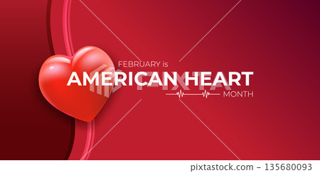 February American Heart Month awareness banner with glossy 3D heart, creative red wavy ribbon background for medical healthcare promotion vector. Heart month with 3d heart 135680093
