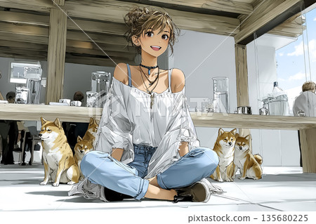 一位面帶微笑的女士在狗狗咖啡館裡被狗狗們圍繞著 | 輕鬆愜意的狗狗咖啡館插圖 135680225