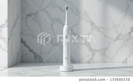 Toothbrush Stands on Marble Surface Under Bright Light in Modern Bathroom Setting 135680338