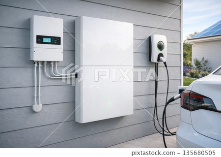 Residential Solar Battery System with Electric Car Charger Outdoors Residential Solar Battery System with Electric Car Charger Outdoors 135680505