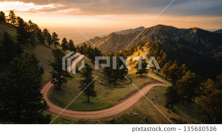 Winding Mountain Road Through Forest at Sunset Winding Mountain Road Through Forest at Sunset 135680586