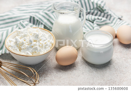 Dairy and egg products for healthy breakfast ingredients Dairy and egg products for healthy breakfast ingredients 135680608