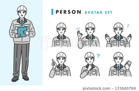 Avatar set of a man wearing a helmet and work clothes 135680769