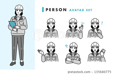Avatar set of a woman wearing a helmet and work clothes 135680775