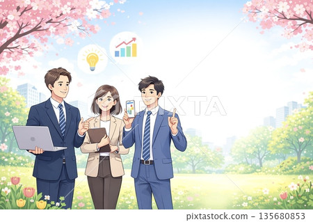 A spring office scene with business meetings and growth in mind (with space). 135680853