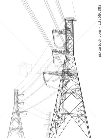 High voltage transmission systems. Electric pole. Power lines. Energy pylons. Black outlines image on white background. A network of interconnected electrical. Vector design illustration High voltage transmission systems. Electric pole. Power lines. Energy pylons. Black outlines image on white background. A network of interconnected electrical. Vector design illustration 135680892