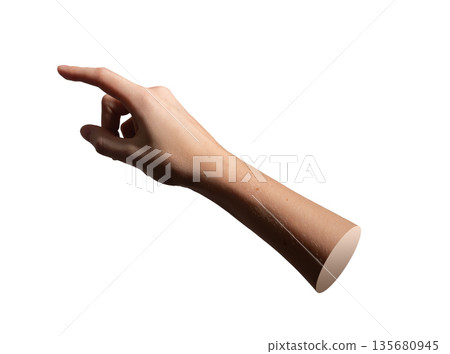 Finger pointing forward in touch gesture, index extended to press invisible button, concept of 135680945