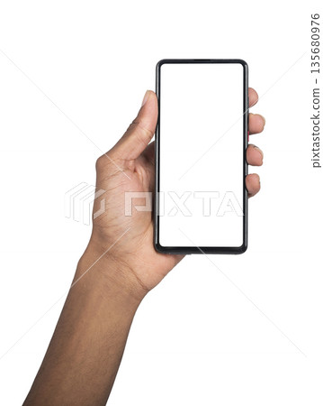 Mobile phone in hand, African American person holding smartphone with blank display. Modern digital 135680976