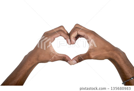Hand gesture forming heart shape, African American man symbolizing love, care and connection. 135680983
