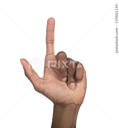Finger pointing outward in raised gesture, index extended in act of reaching or clicking, symbol of 135681143