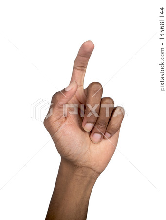 Finger raised in clicking gesture, man reaching toward virtual screen in digital interaction, Finger raised in clicking gesture, man reaching toward virtual screen in digital interaction, 135681144