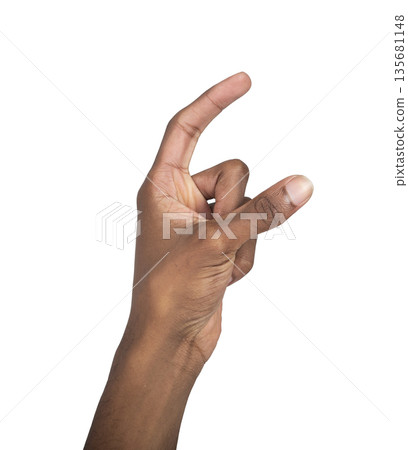 Fingers gripping large invisible object between thumb and index, natural gesture showing hold and 135681148