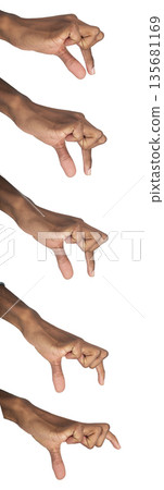 Hand gesture holding invisible object, African American man showing pinch or grip motion. Symbol of Hand gesture holding invisible object, African American man showing pinch or grip motion. Symbol of 135681169