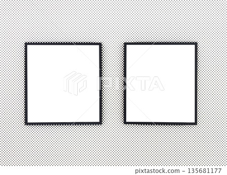 Modern wooden photo frame with blank white space hanging on an interior wall, suitable for artwork, 135681177