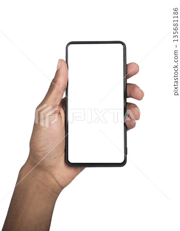 Vertical smartphone held in hand with blank display, representing communication, online modern Vertical smartphone held in hand with blank display, representing communication, online modern 135681186