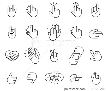 Hand icon set. Clapping hands and other gestures, Brofisting gesture. Thin line art icons set.Black vector symbols isolated on white. Hand icon set. Clapping hands and other gestures, Brofisting gesture. Thin line art icons set.Black vector symbols isolated on white. 135681206