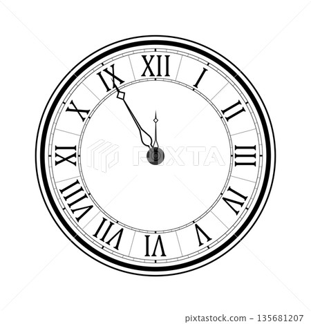 Old black and white clock face with Roman numerals and ornate vintage scrolled hands Old black and white clock face with Roman numerals and ornate vintage scrolled hands 135681207