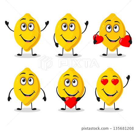 Cute and funny lemon character holding a heart . Lemon icon set . Postcard for the Valentine's day. vector illustration on white background Cute and funny lemon character holding a heart . Lemon icon set . Postcard for the Valentine's day. vector illustration on white background 135681208
