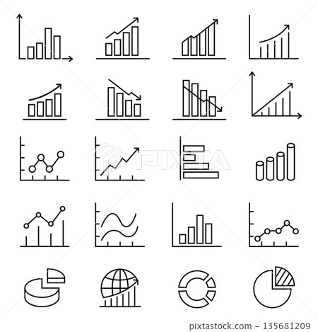 Graphs and charts thin line icons set. data elements, bar and pie, diagrams for business infographics. visualization of data statistic and analytics. isolated on white background. vector illustration 135681209