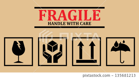 Fragile icons. Set Of Packaging Symbols :this side up, handle with care, fragile, keep dry Fragile icons. Set Of Packaging Symbols :this side up, handle with care, fragile, keep dry 135681213