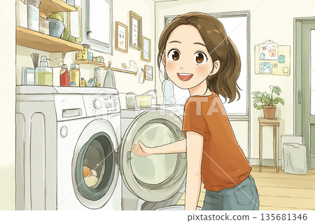 一位女士正在滾筒式洗衣機裡洗衣服 | 描繪溫馨日常生活和家務場景的插圖 135681346