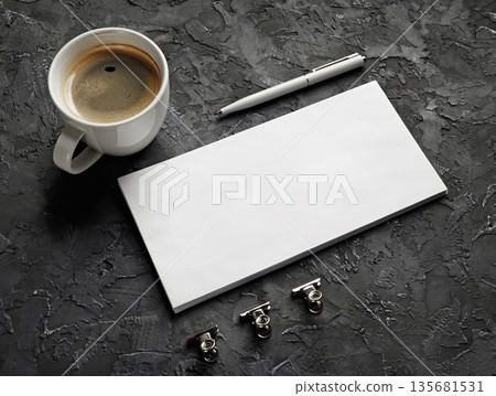 Blank envelope, pen, coffee cup Blank envelope, pen, coffee cup 135681531