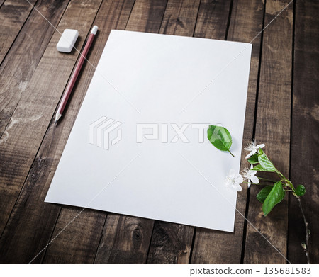 A4 paper, pencil, eraser, cherry flowers 135681583
