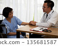 Elderly Asian woman in a wheelchair consulting with a caring male doctor in a hospital. Medical advice, elderly healthcare, patient support, trust in doctor, and compassionate treatment 135681587