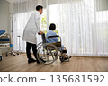 Doctor standing behind senior patient in wheelchair by hospital window. Peaceful and hopeful moment for patient support, recovery, and elderly care 135681592