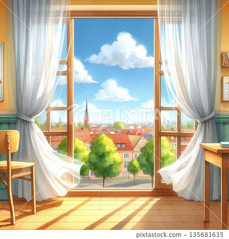 窗邊的蕾絲窗簾輕輕搖曳 窗邊的蕾絲窗簾輕輕搖曳 135681635
