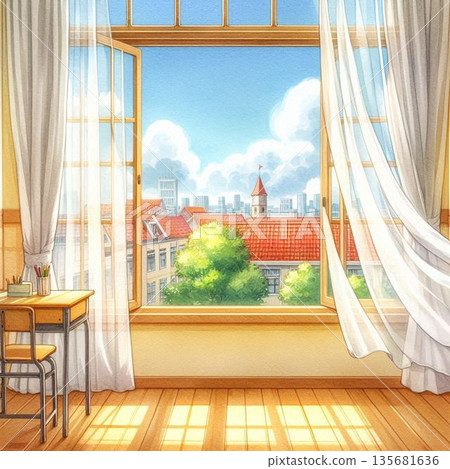 窗邊的蕾絲窗簾輕輕搖曳 窗邊的蕾絲窗簾輕輕搖曳 135681636