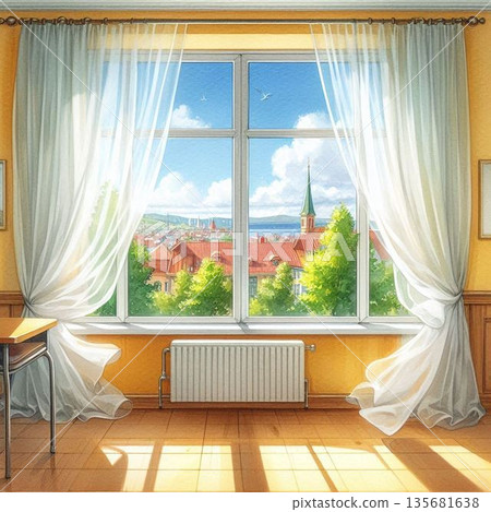 窗邊的蕾絲窗簾輕輕搖曳 窗邊的蕾絲窗簾輕輕搖曳 135681638