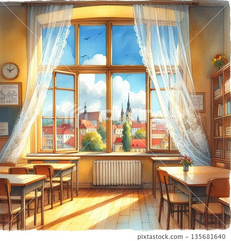 窗邊的蕾絲窗簾輕輕搖曳 135681640