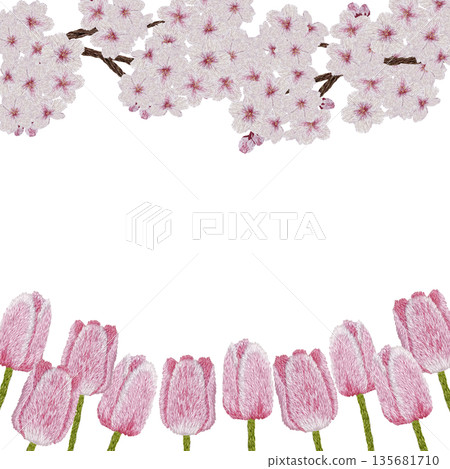 【櫻花與粉紅鬱金香相框】手工刺繡插畫材質 135681710