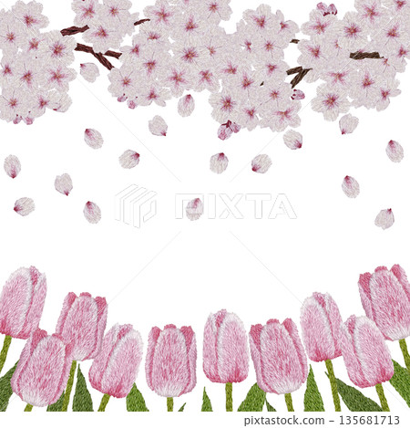 【櫻花與粉紅鬱金香相框】手工刺繡插畫材質 135681713