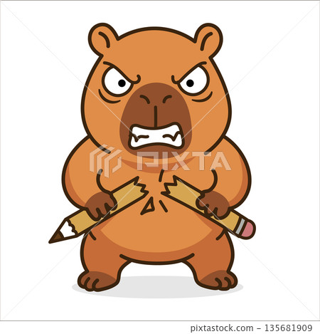 Angry capybara breaking pencil cartoon sticker. Funny vector animal snapping pencil in rage. Stress and burnout concept. Angry capybara breaking pencil cartoon sticker. Funny vector animal snapping pencil in rage. Stress and burnout concept. 135681909