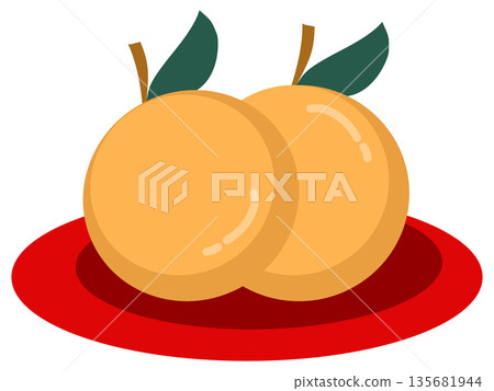 Mandarin Oranges on Red Plate Illustration for Chinese New Year Luck and Fortune 135681944