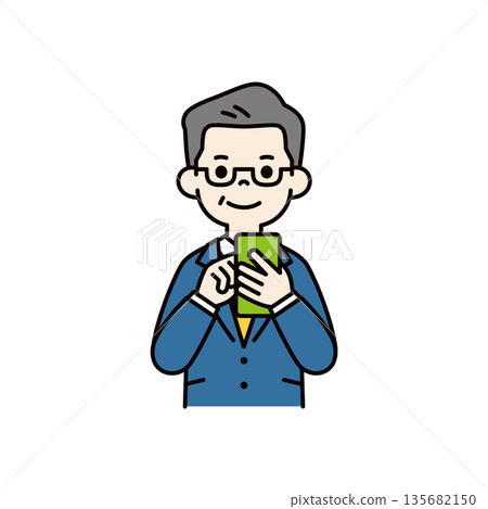 Vector illustration of a middle-aged businessman, boss, or president operating a smartphone Vector illustration of a middle-aged businessman, boss, or president operating a smartphone 135682150