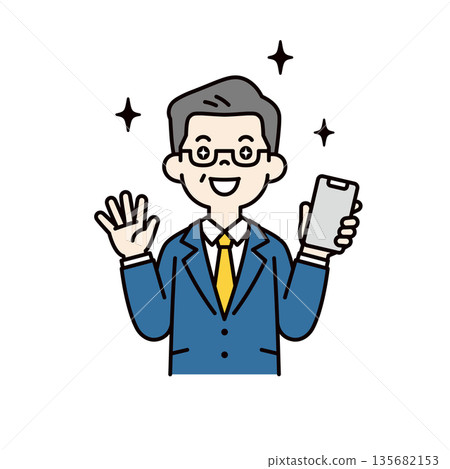 一位中年商人、老闆或總裁，正興奮地擺弄著智慧型手機，上半身向量圖 135682153