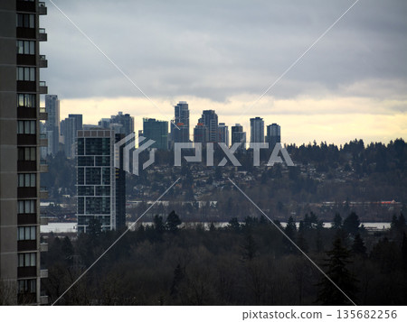 Cityscape with high-rise buildings on overcast sky background Cityscape with high-rise buildings on overcast sky background 135682256