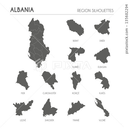 Albania region silhouettes set and blank map of the country isolated on white background. Vector illustration design 135682294