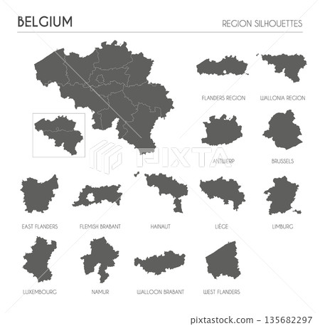 Belgium region silhouettes set and blank map of the country isolated on white background. Vector illustration design Belgium region silhouettes set and blank map of the country isolated on white background. Vector illustration design 135682297