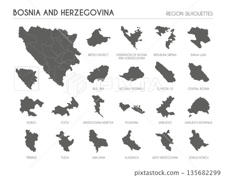 Bosnia and Herzegovina region silhouettes set and blank map of the country isolated on white background. Vector illustration design 135682299