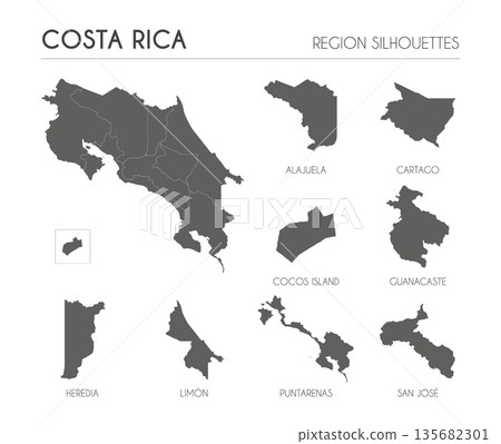 Costa Rica region silhouettes set and blank map of the country isolated on white background. Vector illustration design 135682301