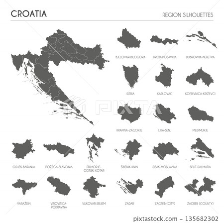 Croatia region silhouettes set and blank map of the country isolated on white background. Vector illustration design Croatia region silhouettes set and blank map of the country isolated on white background. Vector illustration design 135682302