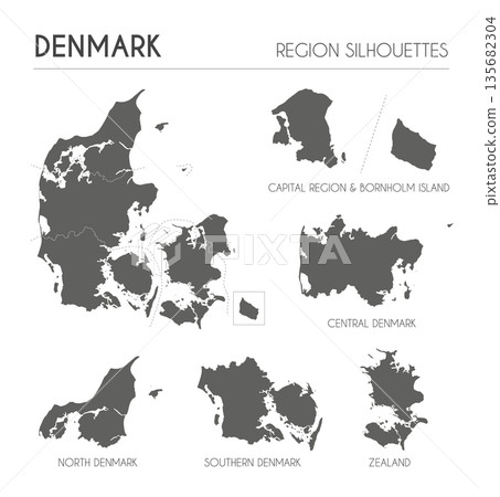Denmark region silhouettes set and blank map of the country isolated on white background. Vector illustration design 135682304