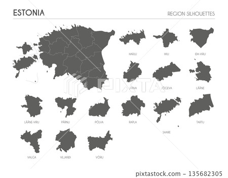 Estonia region silhouettes set and blank map of the country isolated on white background. Vector illustration design 135682305